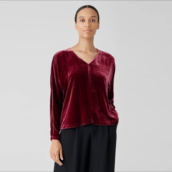Eileen Fisher Velvet V-Neck Dolman Sleeve Top, Boxy Fit, Basic Length, Red, SZ M - Picture 1 of 10